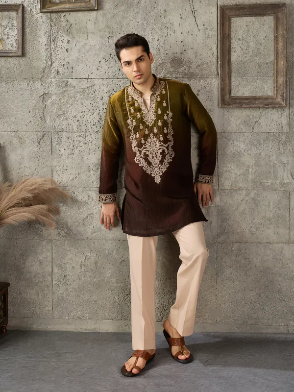 Brown_Crush_Tissue_Straight_Embroidered_Kurta_For_Men