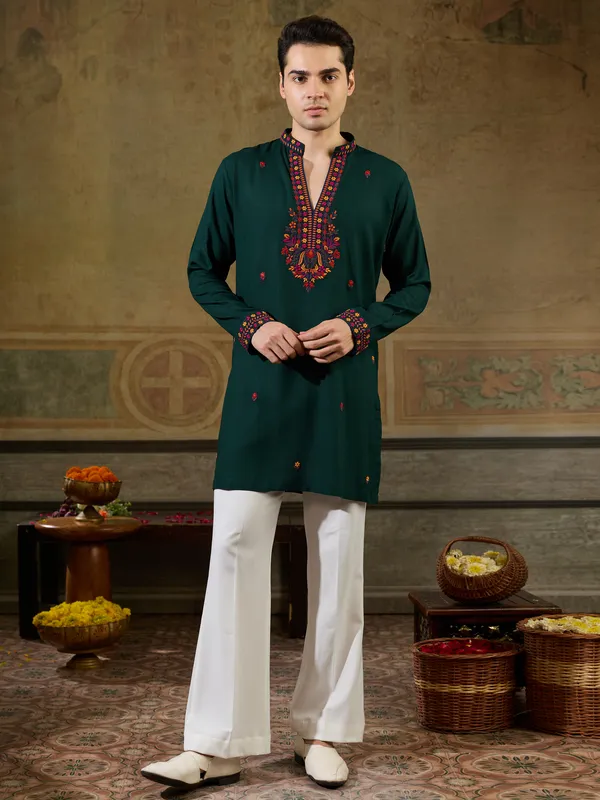 Green_Rayon_Straight_Embroidered_Kurta_For_Men