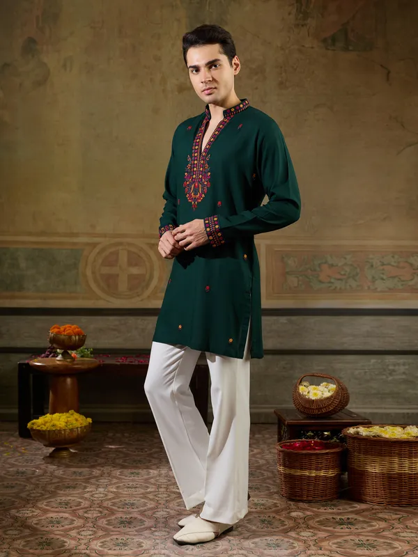 Green_Rayon_Straight_Embroidered_Kurta_For_Men
