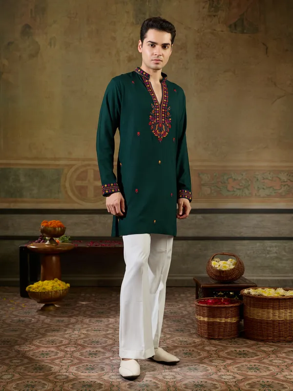 Green_Rayon_Straight_Embroidered_Kurta_For_Men