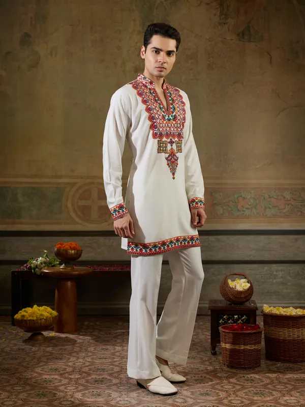 White_Rayon_Straight_Embroidered_Kurta_For_Men