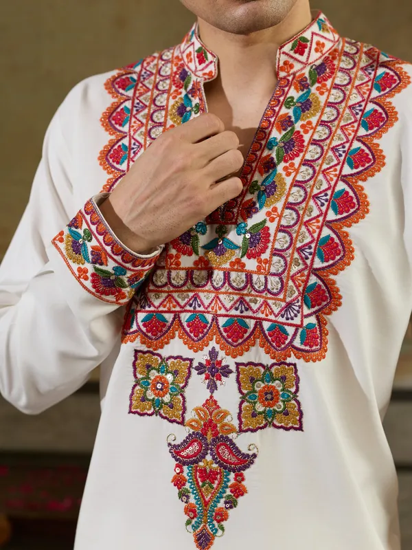 White_Rayon_Straight_Embroidered_Kurta_For_Men