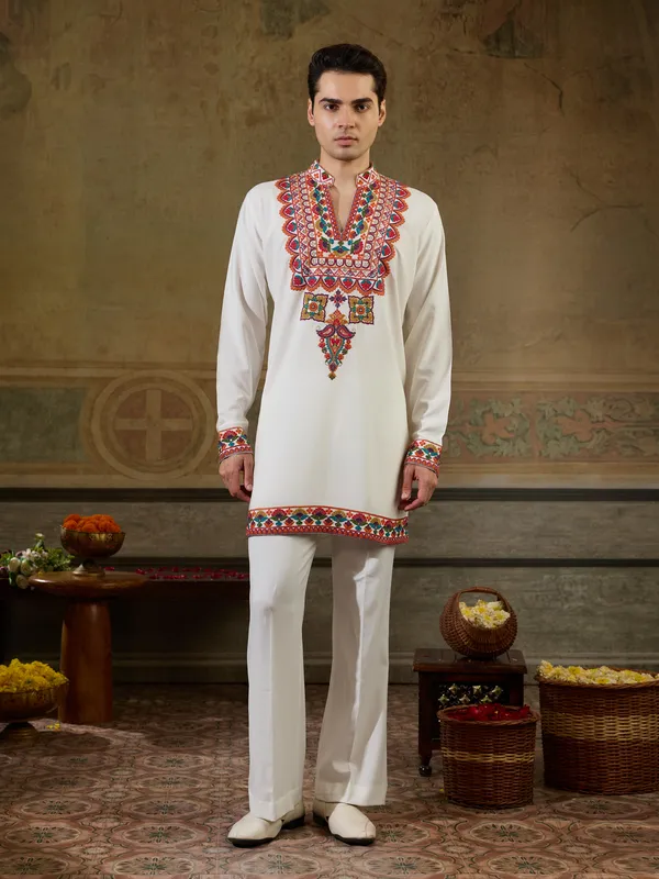 White_Rayon_Straight_Embroidered_Kurta_For_Men