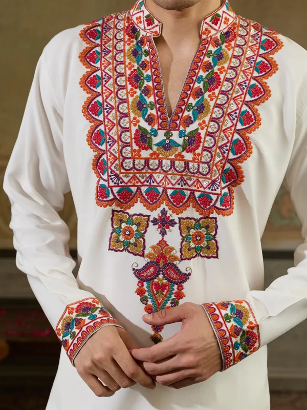 White_Rayon_Straight_Embroidered_Kurta_For_Men