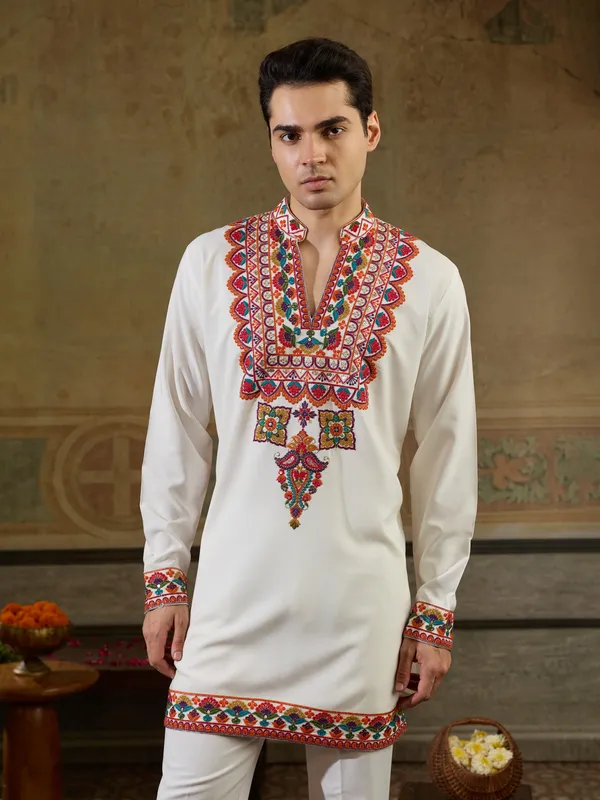 White_Rayon_Straight_Embroidered_Kurta_For_Men