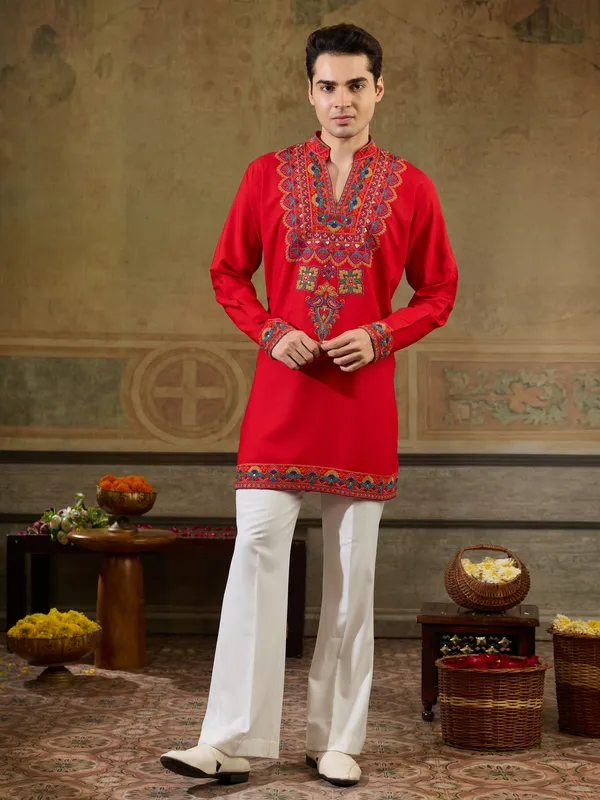 Red_Rayon_Straight_Embroidered_Kurta_For_Men