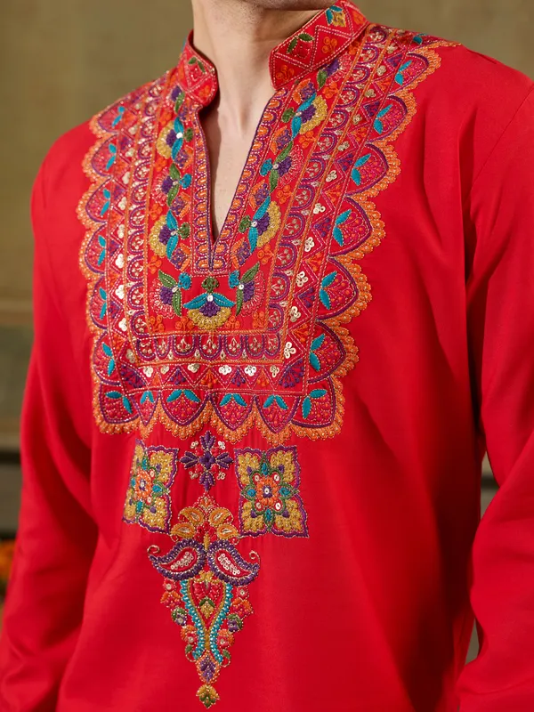 Red_Rayon_Straight_Embroidered_Kurta_For_Men