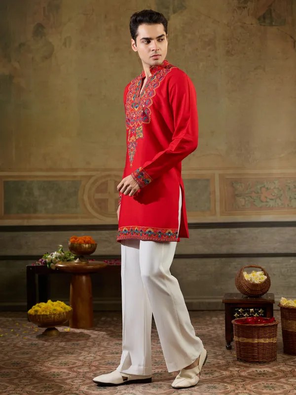 Red_Rayon_Straight_Embroidered_Kurta_For_Men