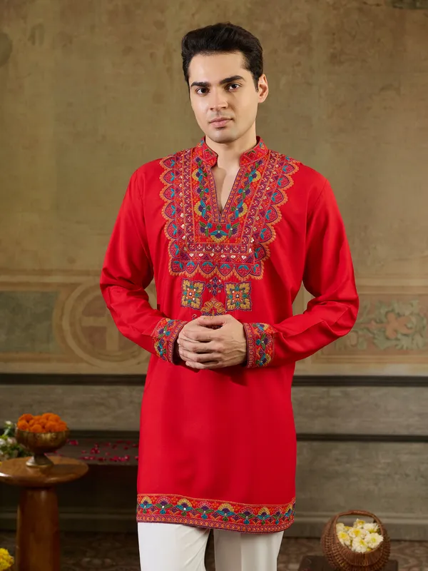 Red_Rayon_Straight_Embroidered_Kurta_For_Men