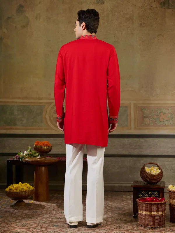 Red_Rayon_Straight_Embroidered_Kurta_For_Men