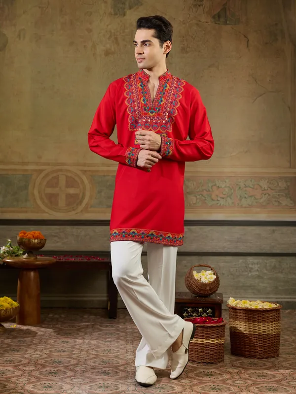 Red_Rayon_Straight_Embroidered_Kurta_For_Men