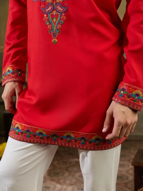 Red_Rayon_Straight_Embroidered_Kurta_For_Men