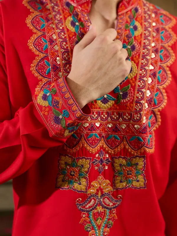 Red_Rayon_Straight_Embroidered_Kurta_For_Men