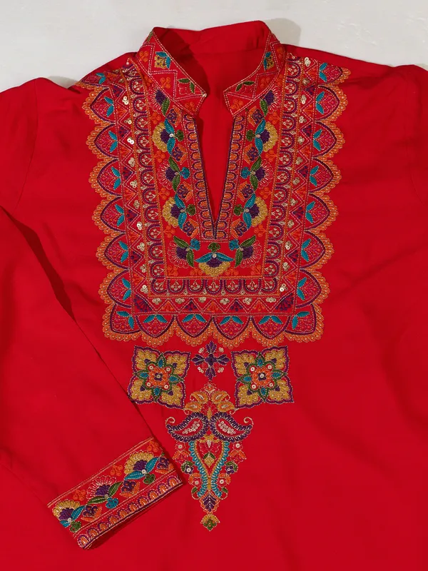 Red_Rayon_Straight_Embroidered_Kurta_For_Men