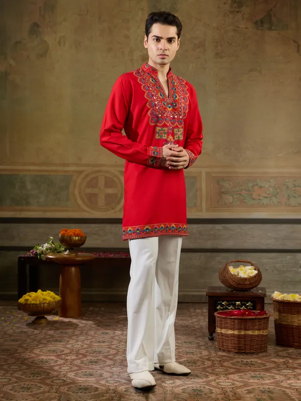 Red_Rayon_Straight_Embroidered_Kurta_For_Men