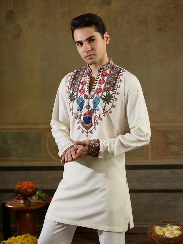 White_Rayon_Straight_Embroidered_Kurta_For_Men