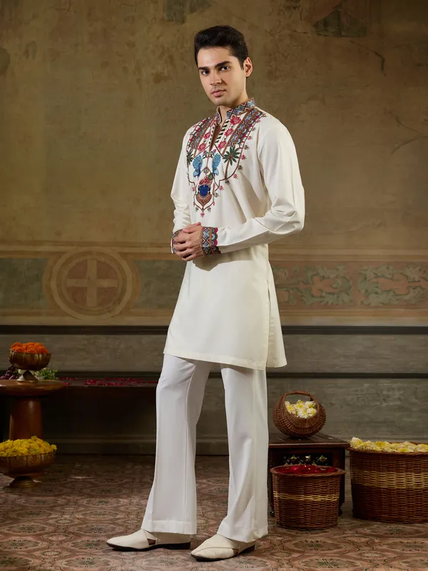 White_Rayon_Straight_Embroidered_Kurta_For_Men