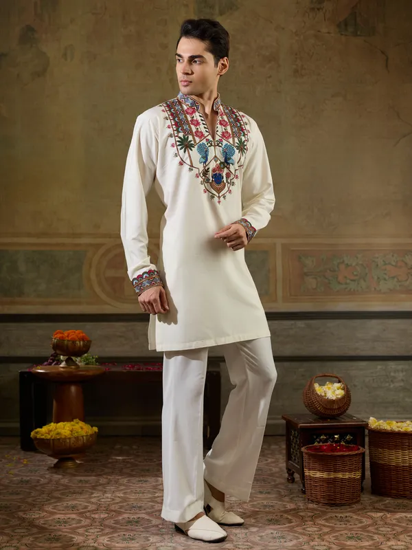 White_Rayon_Straight_Embroidered_Kurta_For_Men