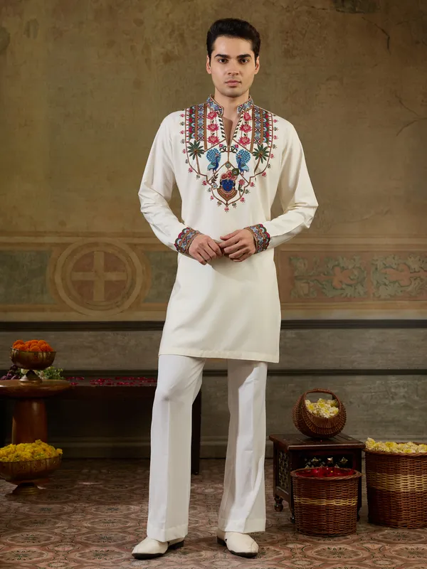 White_Rayon_Straight_Embroidered_Kurta_For_Men