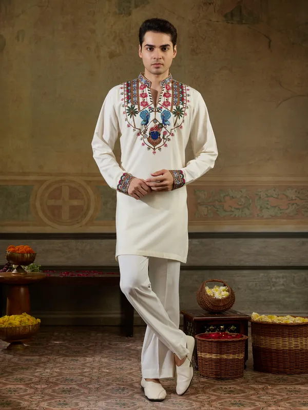 White_Rayon_Straight_Embroidered_Kurta_For_Men
