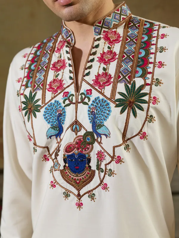 White_Rayon_Straight_Embroidered_Kurta_For_Men