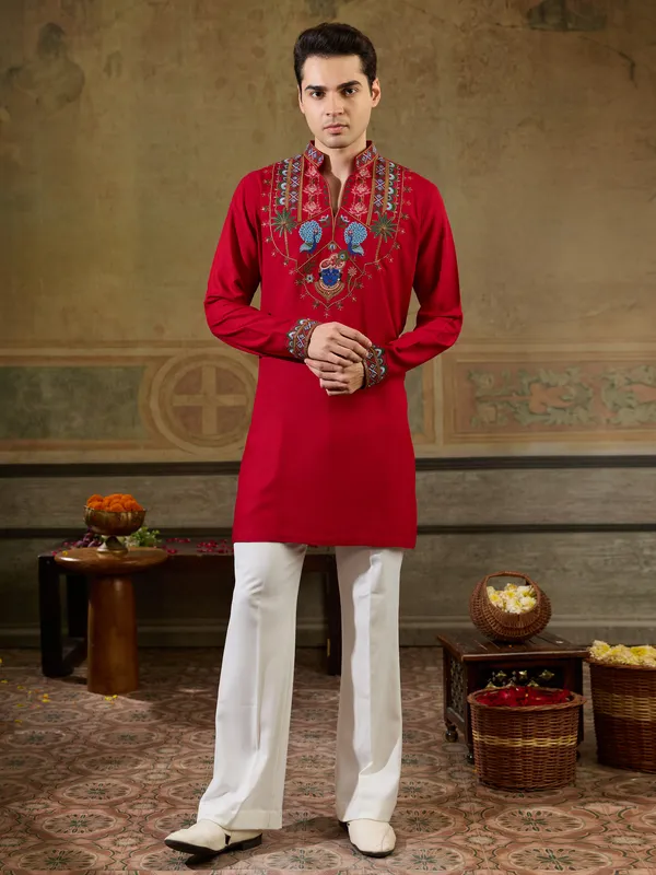 Red_Rayon_Straight_Embroidered_Kurta_For_Men
