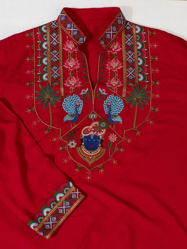 Red_Rayon_Straight_Embroidered_Kurta_For_Men