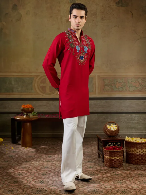 Red_Rayon_Straight_Embroidered_Kurta_For_Men