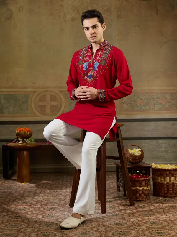 Red_Rayon_Straight_Embroidered_Kurta_For_Men