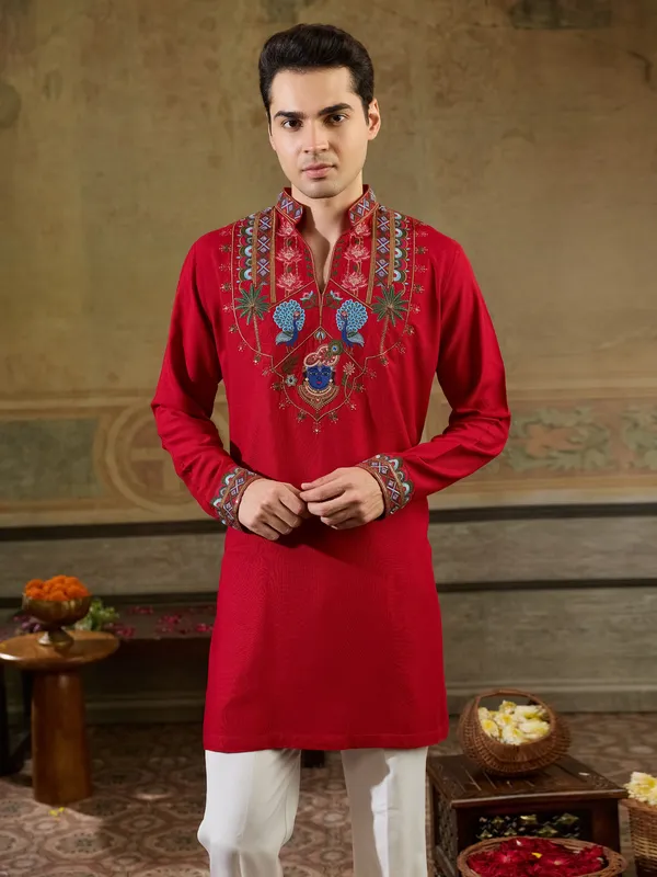 Red_Rayon_Straight_Embroidered_Kurta_For_Men