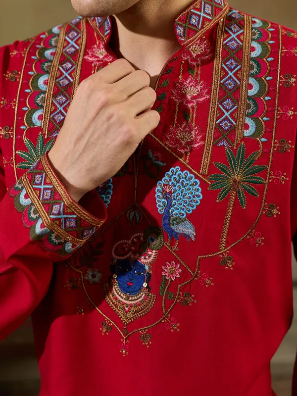 Red_Rayon_Straight_Embroidered_Kurta_For_Men
