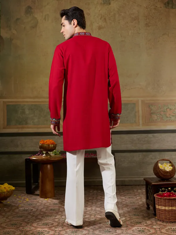 Red_Rayon_Straight_Embroidered_Kurta_For_Men