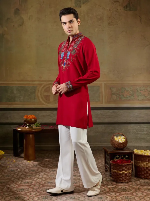 Red_Rayon_Straight_Embroidered_Kurta_For_Men