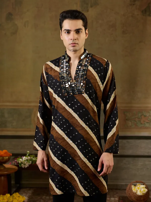 Black_Rayon_Straight_Printed_Embellished_Kurta_For_Men