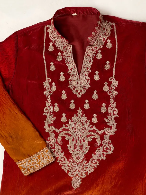 Red_Crush_Tissue_Straight_Embroidered_Kurta_For_Men