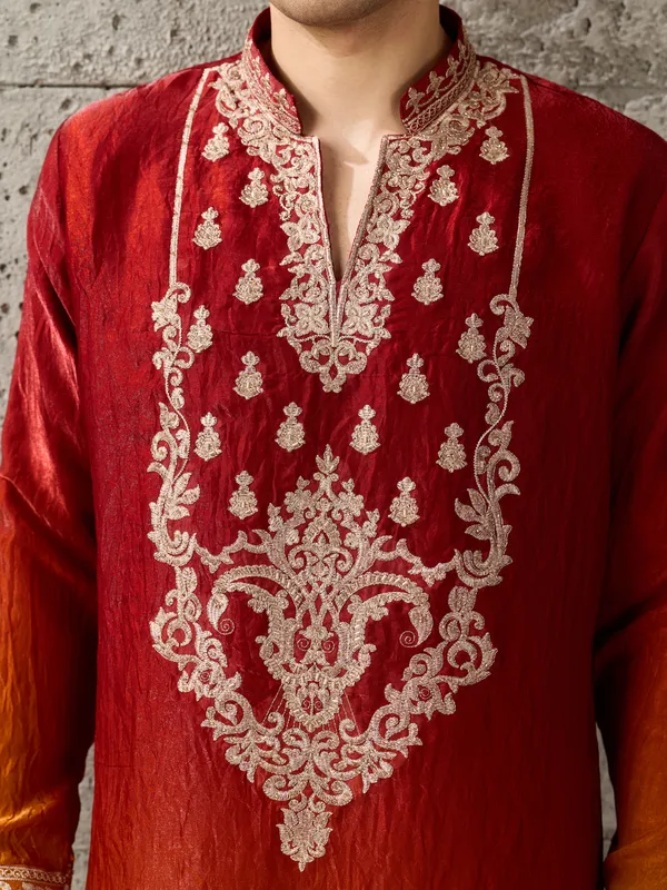 Red_Crush_Tissue_Straight_Embroidered_Kurta_For_Men