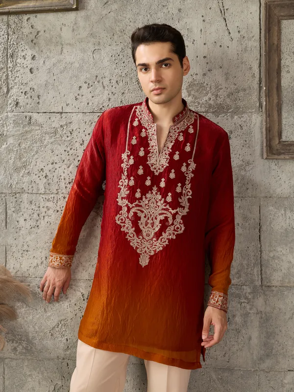 Red_Crush_Tissue_Straight_Embroidered_Kurta_For_Men