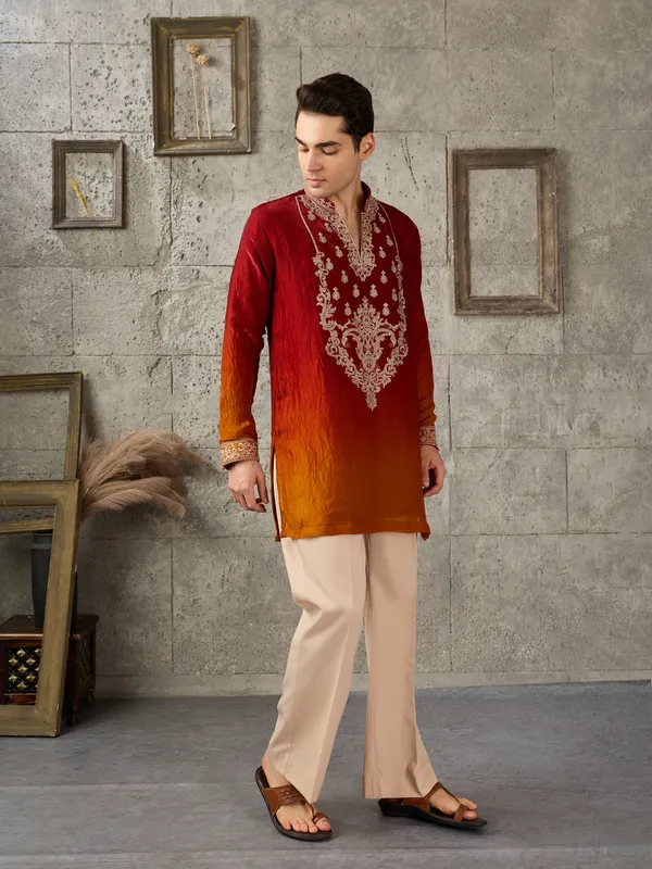 Red_Crush_Tissue_Straight_Embroidered_Kurta_For_Men