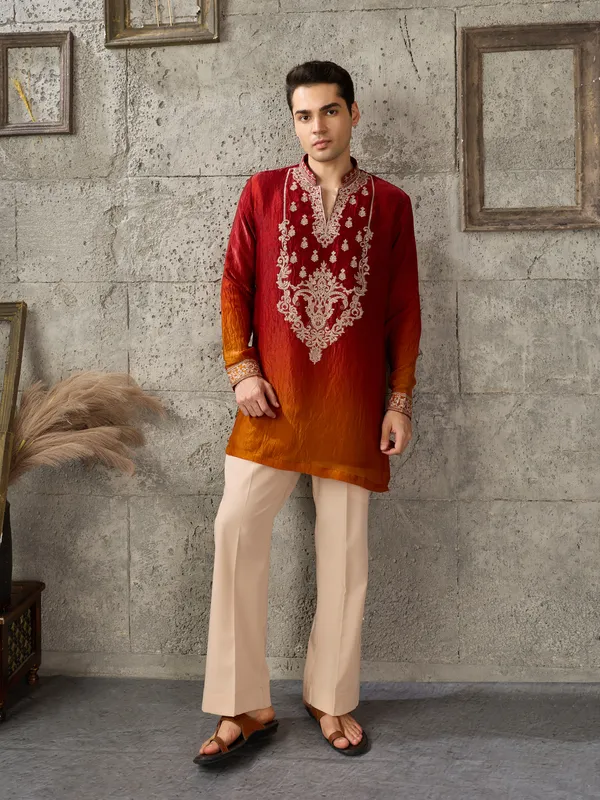 Red_Crush_Tissue_Straight_Embroidered_Kurta_For_Men