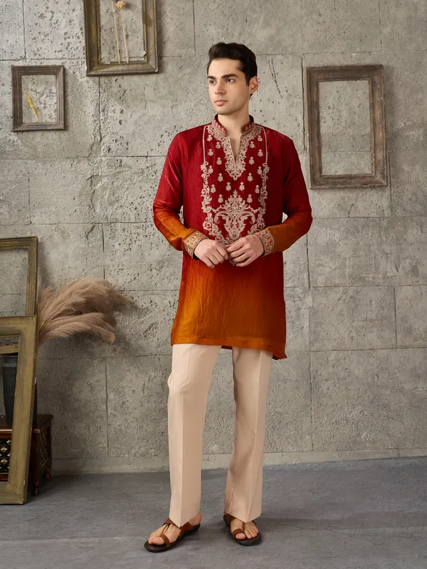 Red_Crush_Tissue_Straight_Embroidered_Kurta_For_Men