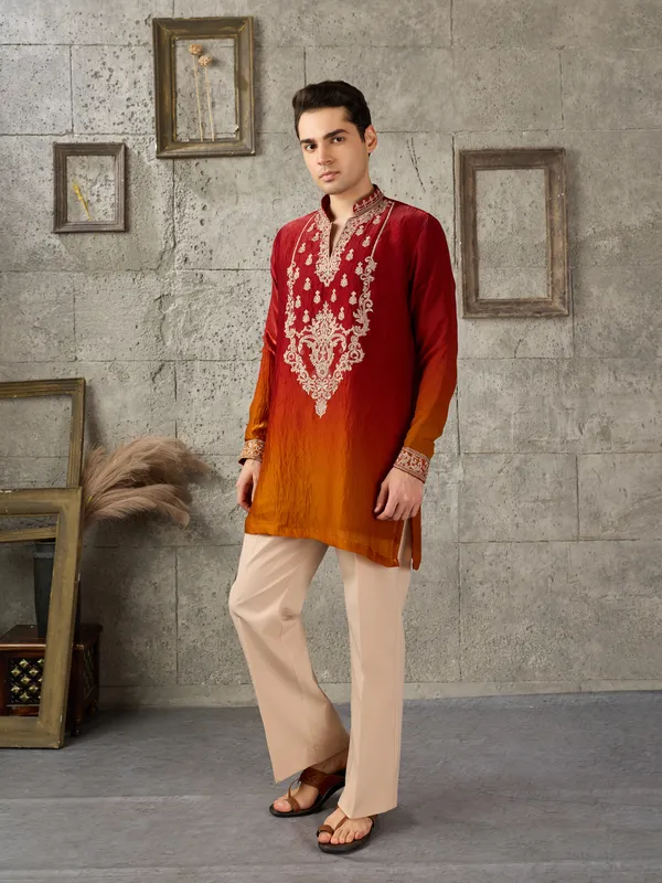 Red_Crush_Tissue_Straight_Embroidered_Kurta_For_Men