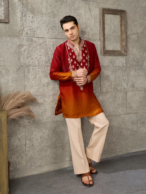Red_Crush_Tissue_Straight_Embroidered_Kurta_For_Men