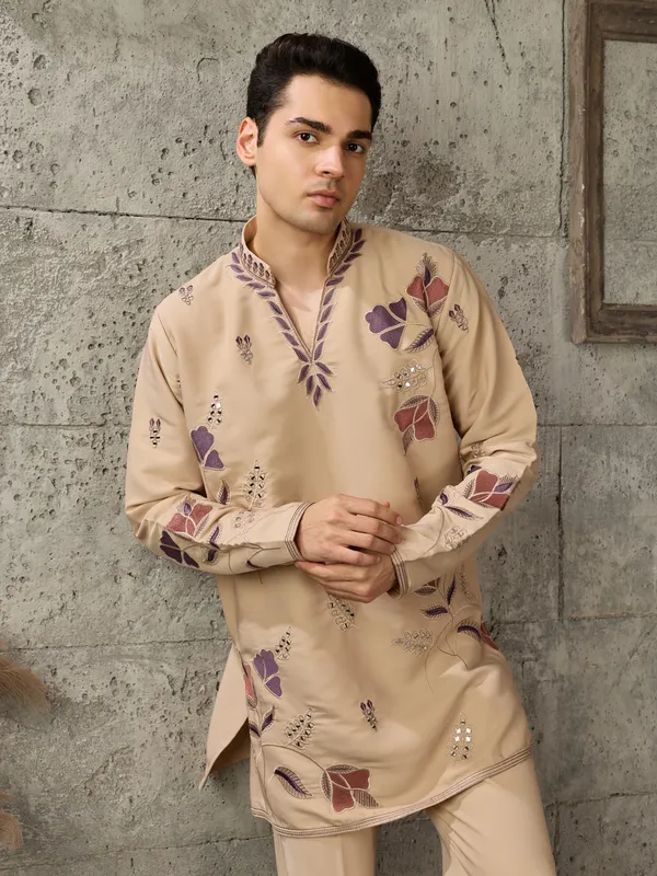Beige_Japanese_Cotton_Straight_Printed_Kurta_For_Men