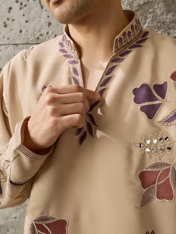Beige_Japanese_Cotton_Straight_Printed_Kurta_For_Men