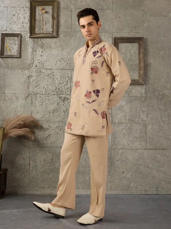 Beige_Japanese_Cotton_Straight_Printed_Kurta_For_Men