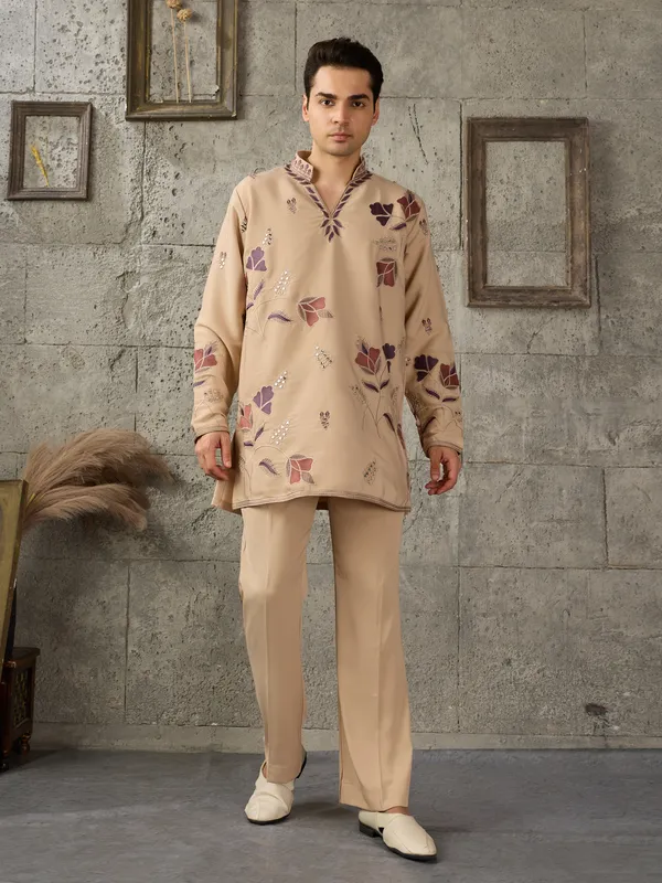 Beige_Japanese_Cotton_Straight_Printed_Kurta_For_Men