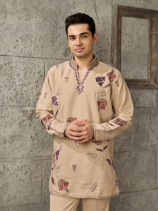 Beige_Japanese_Cotton_Straight_Printed_Kurta_For_Men