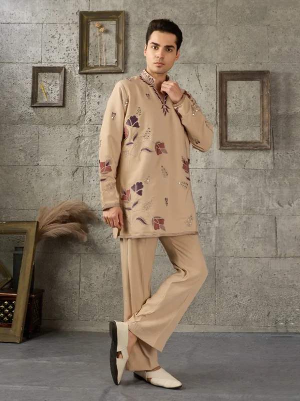 Beige_Japanese_Cotton_Straight_Printed_Kurta_For_Men