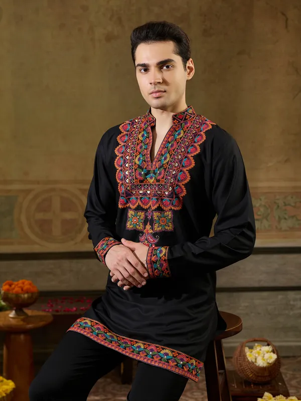 Black_Rayon_Straight_Embroidered_Kurta_For_Men