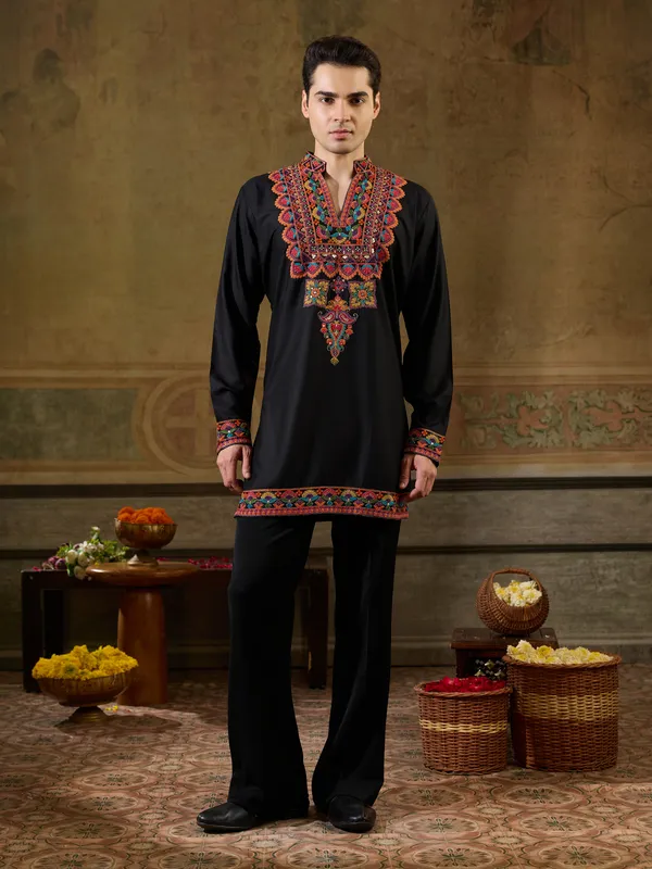 Black_Rayon_Straight_Embroidered_Kurta_For_Men